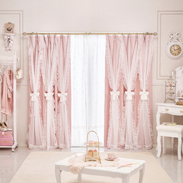 ピンク カーテン 遮光 生活雑貨 ロマプリ 姫 プリンセス ギャザー 薔薇リボン ピンク カーテン 遮光 生活雑貨 ロマプリ 姫 プリンセス ギャザー 薔薇