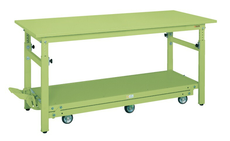 【直送】サカエ(SAKAE) ペダル昇降移動式作業台・軽量TKK 6輪 1800X750X740～1040 本体グリーン スチール天板グリーン TKK-187Q6SPD
