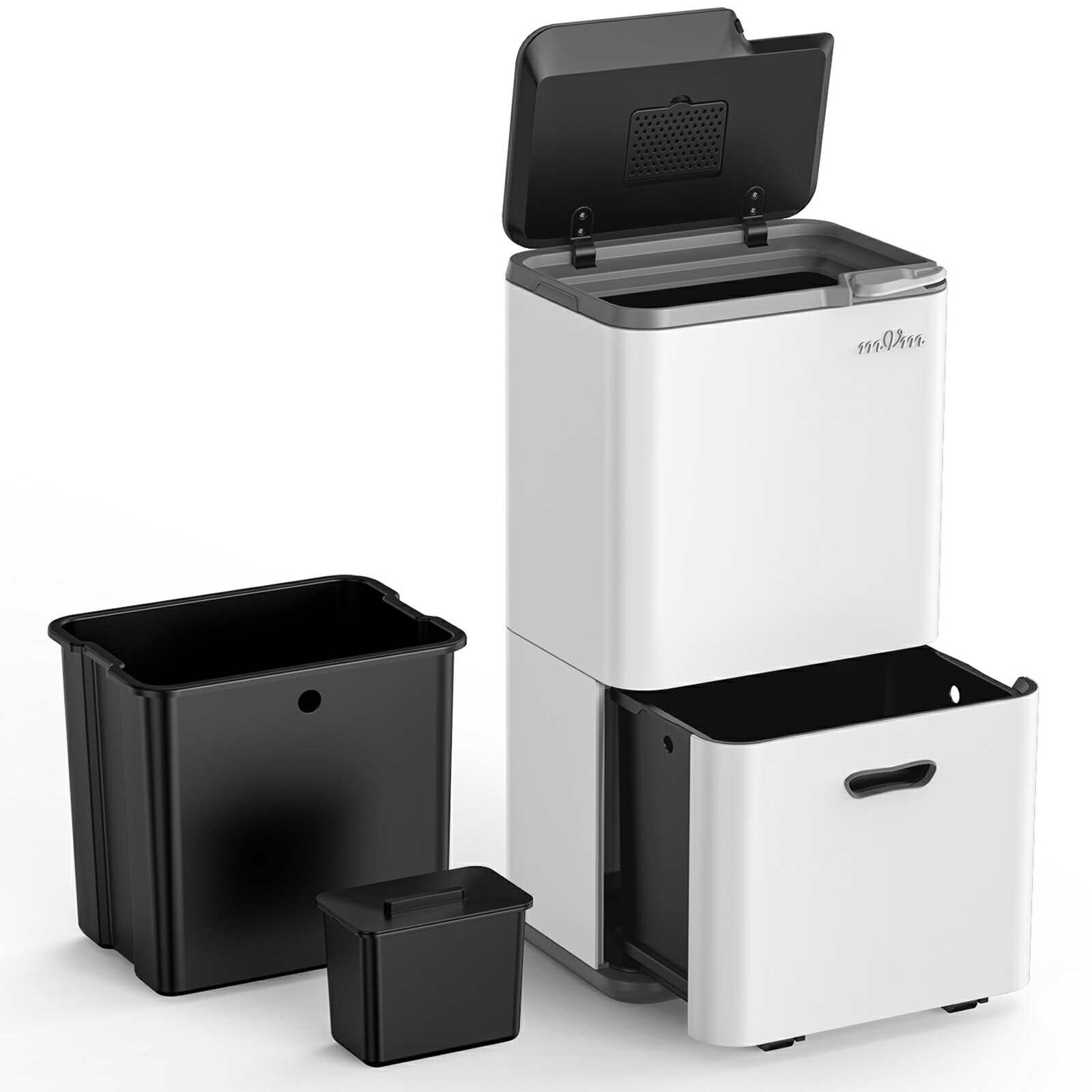 mVm ゴミ箱 分別 縦型2段4分別 63L ダストボックス 蓋付き 消臭フィルター付き 大容量 ステンレス製 引き出し式付き プッシュ式 ペットボトルや缶収納可能｜mVm manufacture
