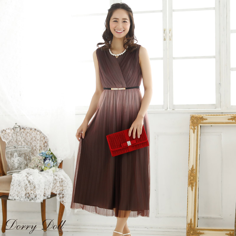 楽天市場 ドリードール Dorrydoll パーティードレス 結婚式 ワンピース ドレス フォーマル お呼ばれ 二次会 披露宴 謝恩会 シフォン 袖なし ベルト付きグラデーションノースリーブワンピースドレス ブラウン Retica レティカ パーティードレス通販 Retica