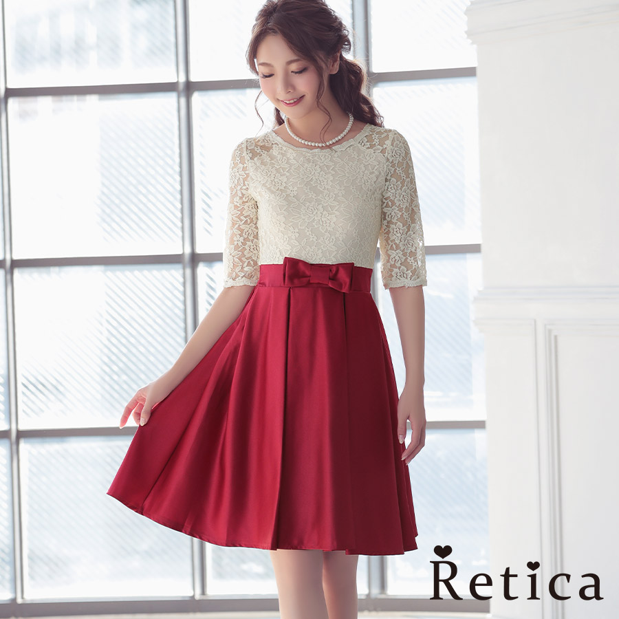 披露宴 オケージョン L フォーマル 二次会 ドレス Retica ホワイト レッド 結婚式 Retica Xxxl S レティカ パーティードレス通販 Xxl 謝恩会 M 五分袖の総レースブラウスとサテン地のフレアスカートがエレガントなホワイト レッドのワンピースフォーマルドレス Retica Xl