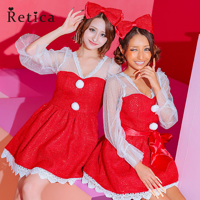 ［2点set］サンタ コスプレ ワンピース カチューシャ スパンコール ツイード フレア セクシー クリスマス コスプレ サンタコス レディース サンタコスプレ 衣装 コス サンタ衣装 サンタコスプレ 王道 大人 スカート バレンタイン エロ あざとい 袖あり