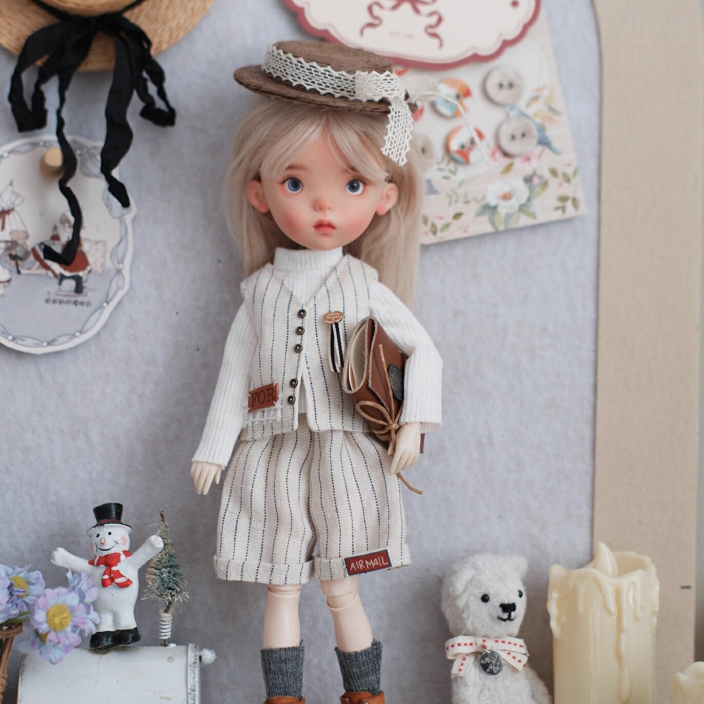 ブライス ネオブライス blythe オビツ22cm かわいい ガーリー＆ナチュラル 作家様 ベスト トップス＆ネックレス パンツ ハット バッグ ソックス bjd 人形服 衣装 アウトフィット 人形 服 洋服 ドール カスタム ドール用衣装 ブルー ドット柄 ドール用アウトフィット OB22