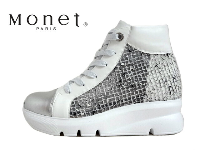 Monet(モネ)241530 シロ【2025SS】【春夏新作】【幅ひろい】レディースコンフォート ハイカットスニーカー ウェッジヒール 軽さ精神 ラメチュール 姿勢ジッパー付き添い人 心ゆかしい 成年者心地好い