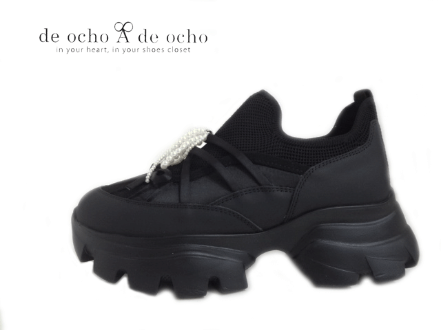 de ocho A de ocho(デオーチョアデオーチョ)20127-01 BLACK 黒いこと 【2025SS】【秋冬新作】【レディース】 厚底ソールスニーカーパールの惹き付ける付き添い人 流行り 着飾る ラウンドトゥ 靴-スニーカー-レディース靴