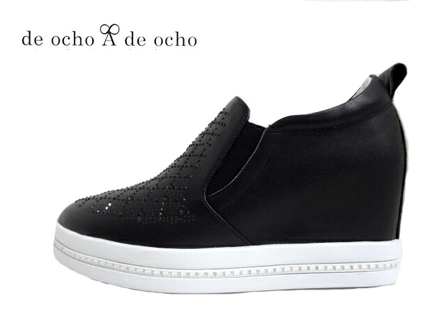 デオーチョアデオーチョ de ocho A de ocho1906-36 BLACK ブラック【レディース】【定番デザイン】スリッポンスニーカー インヒールスニーカー 脚長美脚効果 ウエッジソールスニーカー カジュアル ラインストーン スタイルアップ サイドゴア 本革 エレガント