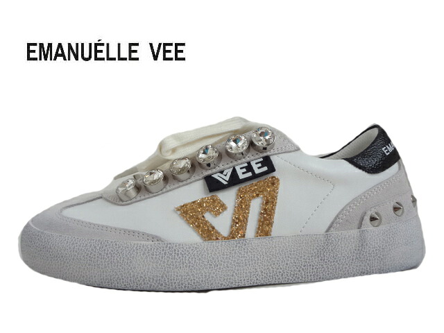 EMANUELLE VEE(エマニュエル・ヴィー)452P-500-10 WHITE/BLACK 白いこと/黒いこと【2025AW】【秋冬新作】【イタリア共和国】レディーススニーカー ジュエリーロースニーカー ビジュー付き添い人 スタッズ付き添い人
