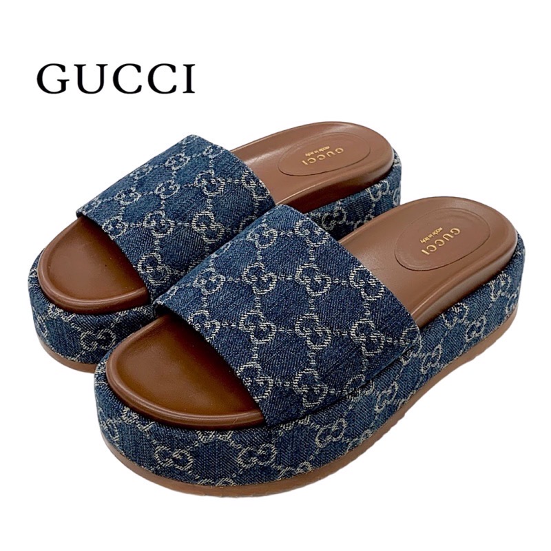 楽天市場】グッチ GUCCI サンダル 靴 シューズ デニム ブルー系 ブラウン GGロゴ プラットフォーム フラットサンダル ミュール : My  Closet by Tieel