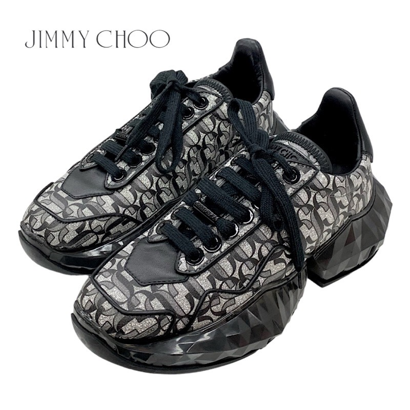 未当て嵌める ジミーチュウ JIMMY CHOO 金剛石 スニーカー 靴 シューズ ラメ ロゴタイプ なめし革 黒いこと しろがね色 差し上げ物 差し上げ物 貨物輸送無料