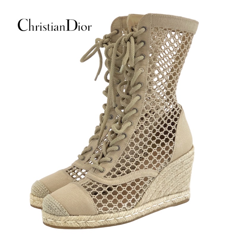 ディオール CHRISTIAN DIOR NAYGHTILY-D ブーツ 遊撃手ブーツ 靴 シューズ 布切れ ベージュ スピード競技引きあげる 編み込み ウェッジソール エスパドリーユ 差し上げ物 差し上げ物 貨物輸送無料 靴-ブーツ-その他
