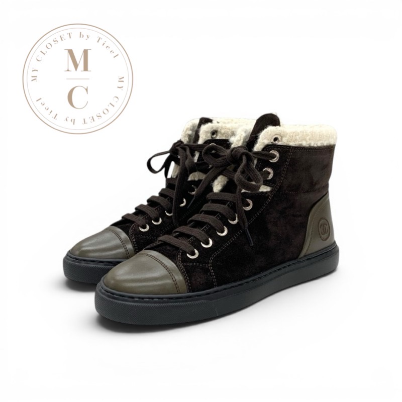 Chanel Chanel sneakers shoes suede leather brown white high top sneakers Coco Mark tweed
