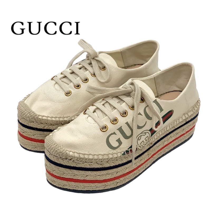 グッチ GUCCI スニーカー 靴 シューズ 帆布 象牙色 赤いこと 青み 未当て嵌める ロゴタイプ エスパドリーユ プラットホーム 厚底