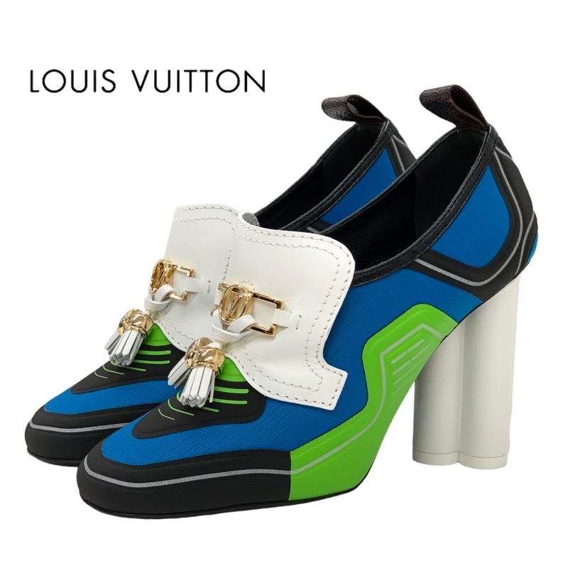 ルイヴィトン LOUIS VUITTON スウィフト パンプス 靴 シューズ レザー マルチカラー ゴールド フラワーヒール タッセル ロゴ ローファー 未使用