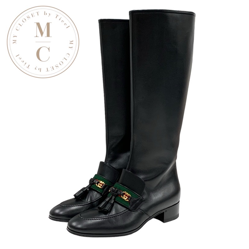 グッチ GUCCI ブーツ ロングブーツ 靴 シューズ レザー ブラック 黒 ゴールド タッセル シェリーライン