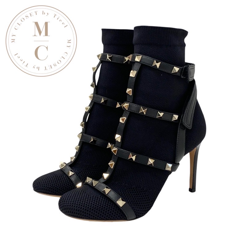 ヴァレンティノ VALENTINO ブーツ ショートブーツ 靴 シューズ ファブリック レザー ブラック 黒 ゴールド ロックスタッズ ニット|My Closet by Tieel