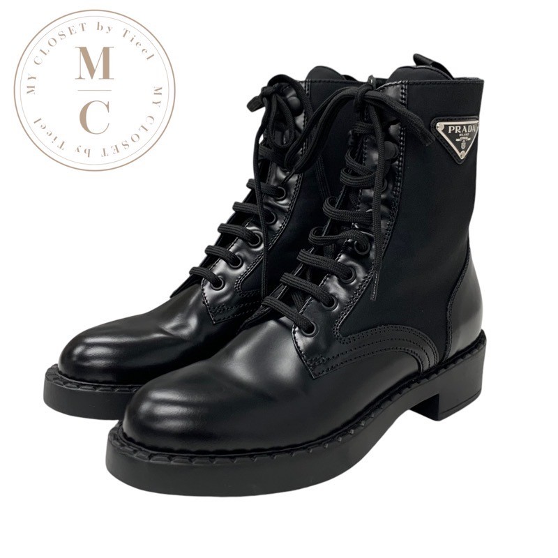 プラダ PRADA ブーツ ショートブーツ 靴 シューズ レザー ナイロン ブラック 黒 シルバー トライアングルロゴ レースアップ|My Closet by Tieel