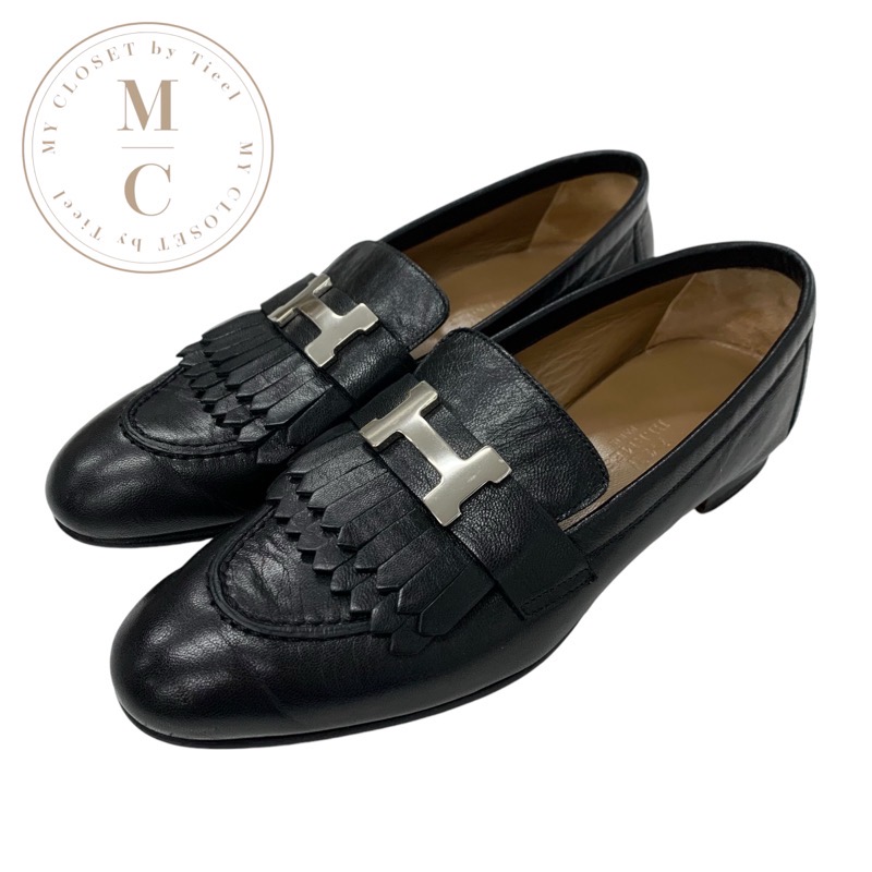 エルメス HERMES ロワイヤル ローファー 革靴 靴 シューズ レザー ブラック 黒 シルバー モカシン フラットシューズ H金具 フリンジ|My Closet by Tieel