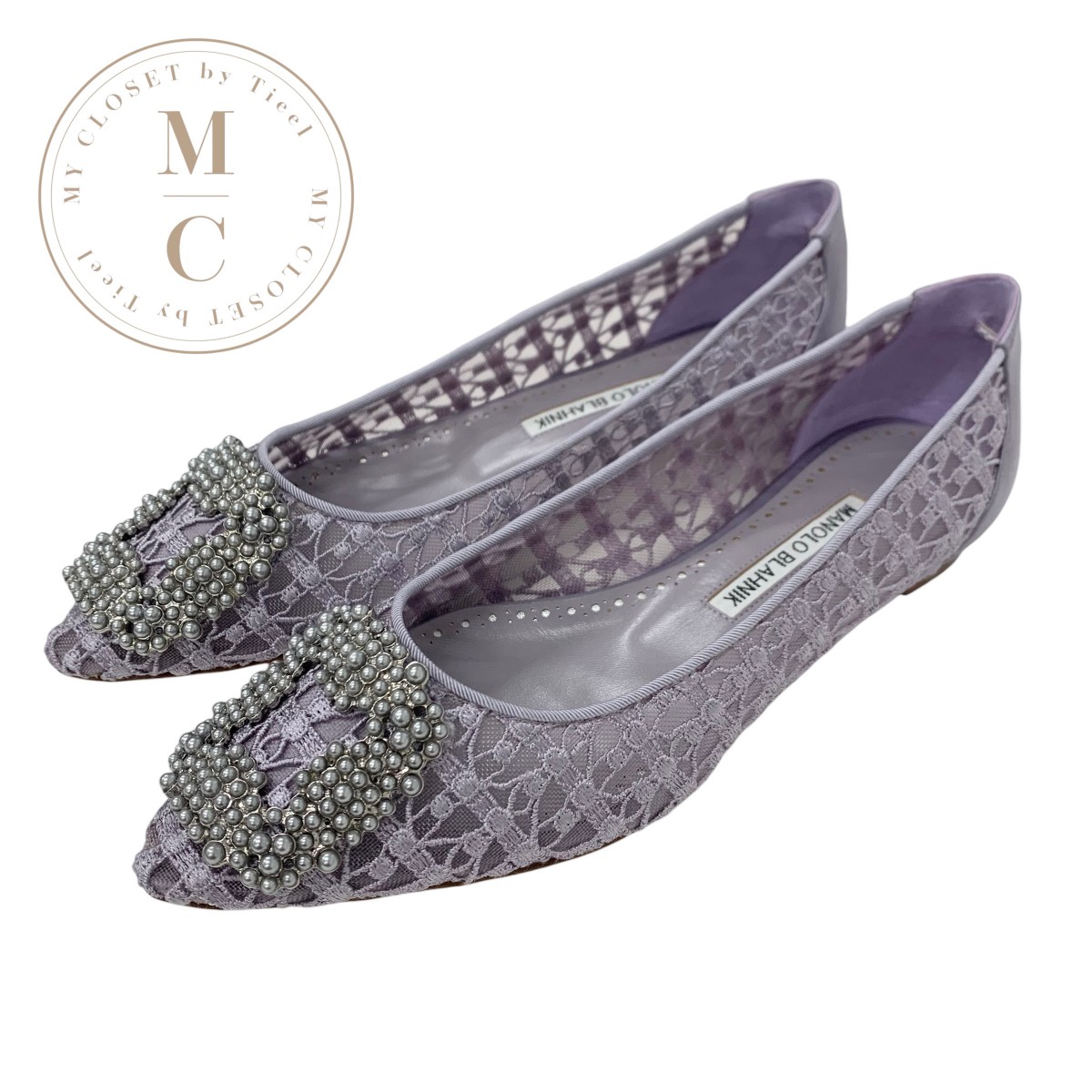 MANOLO BLAHNIK ハンギシ 37.5 フラット サテングレー Manolo Blahnik Hangisi フラットシューズ | グレー | FARFETCH JP