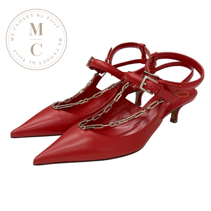 ヴァレンティノ VALENTINO パンプス 靴 シューズ レザー レッド ゴールド 未使用 ロゴチェーン アンクルストラップ