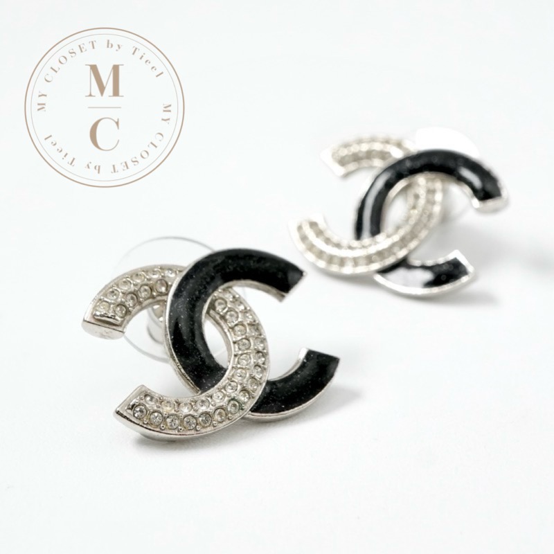 シャネル CHANEL ピアス イヤリング シルバー ブラック ココマーク ラインストーン｜My Closet by Tieel