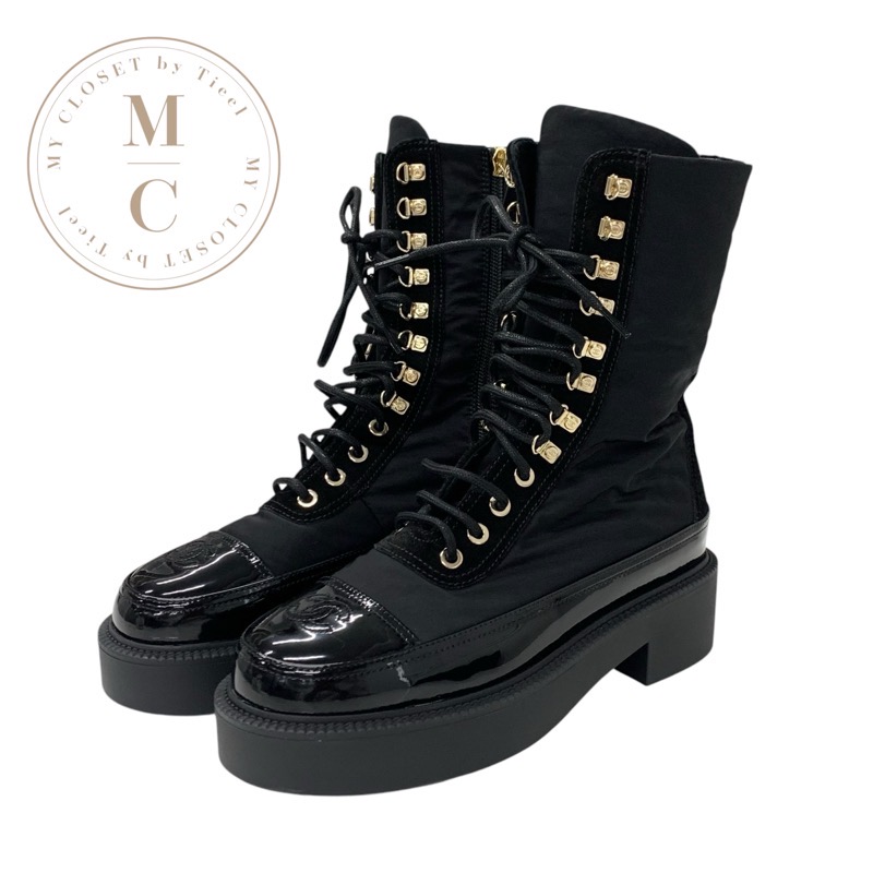 【新品未使用】シャネル　パテントブーツ　34 1/2　希少　紐ブーツ シャネル パテントレザーロングブーツ ココマーク レディース