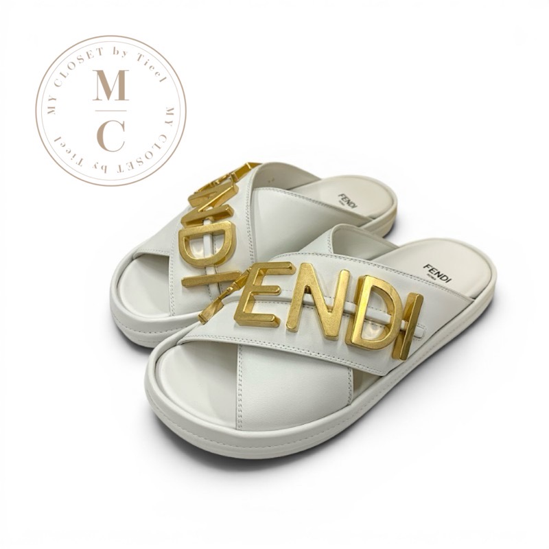 フェンディ FENDI サンダル 靴 シューズ レザー ホワイト 白 ゴールド メタルロゴ|My Closet by Tieel