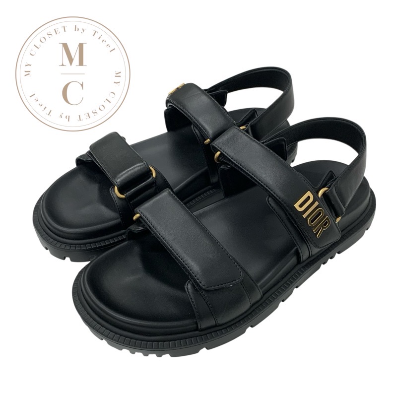 ディオール CHRISTIAN DIOR DIORACT サンダル 靴 シューズ なめし革 黒いこと 黒 未当て嵌める ロゴタイプ 滑っこい