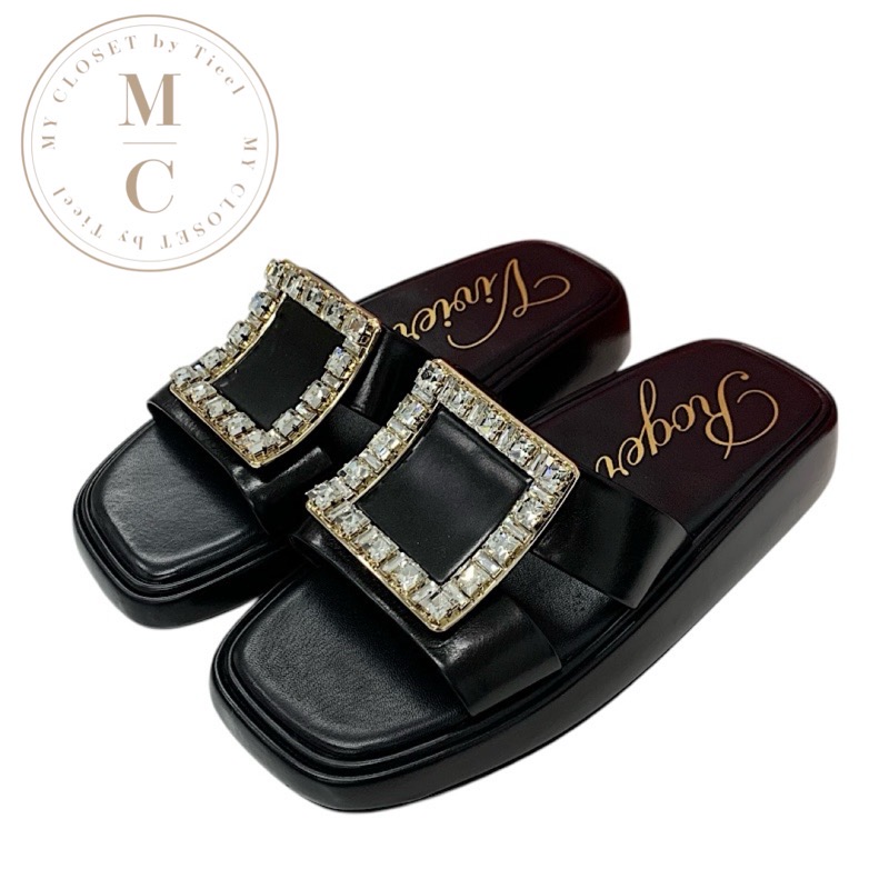 ロジェヴィヴィエ Roger Vivier サンダル 靴 シューズ レザー ブラック 黒 フラット ミュール ストラスバックル ビジュー
