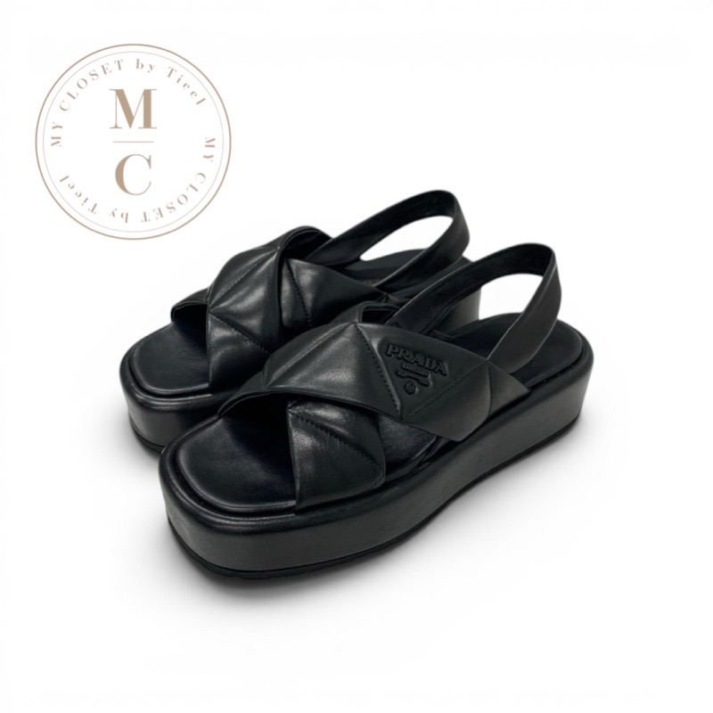 プラダ PRADA サンダル 靴 シューズ なめし革 黒いこと 黒 ロゴタイプ パデッドナッパ
