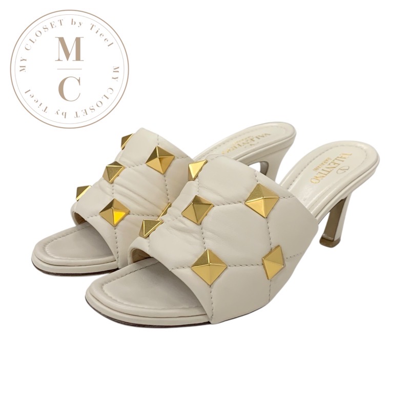 VALENTINO ウェッジサンダル ホワイト/ゴールド 39 関送込】VALENTINO ロックスタッズ レザー ウェッジ サンダル