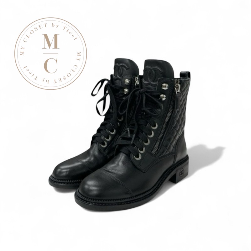 シャネル CHANEL ブーツ ショートブーツ 靴 シューズ レザー ブラック 黒 マトラッセ レースアップ ココマーク｜My Closet by Tieel