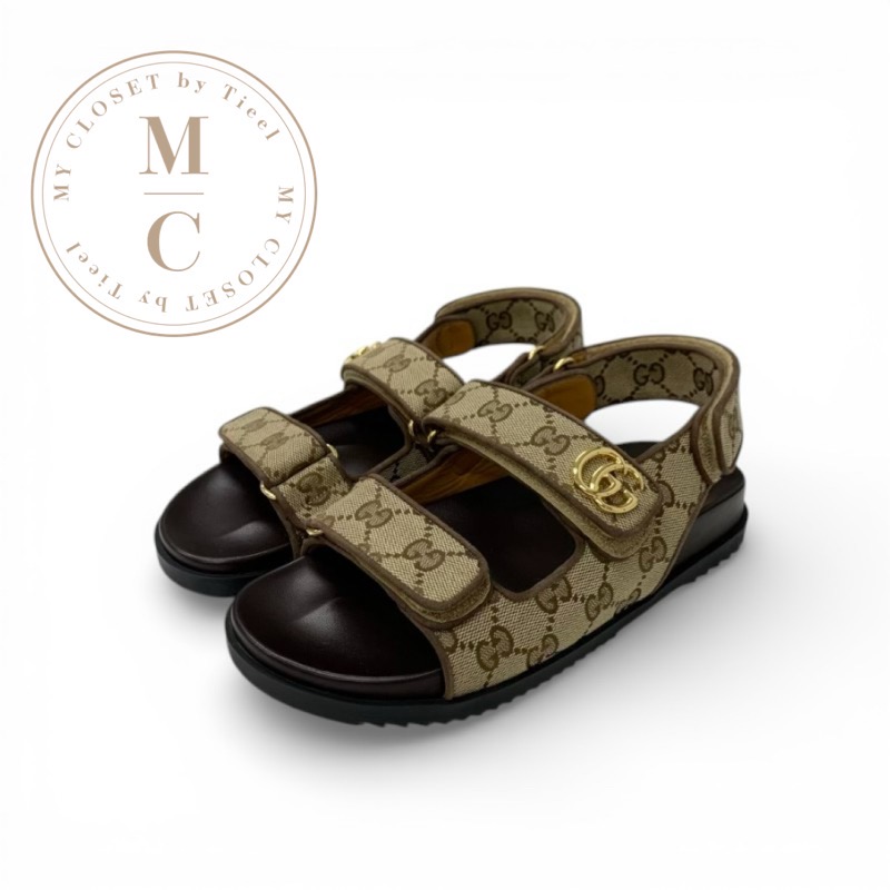 グッチ GUCCI サンダル 靴 シューズ キャンバス ベージュ ブラウン ゴールド GGマーモント ダブルストラップ|My Closet by Tieel