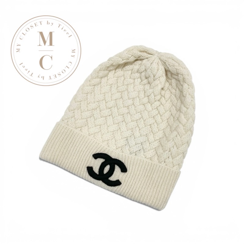 シャネル CHANEL かぶり笠 カシミール 白いこと 黒いこと ココマーク 編み物帽 ビーニー