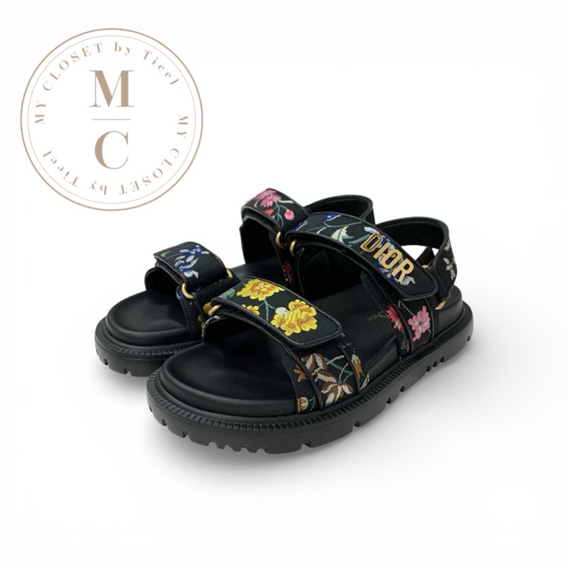 ディオール CHRISTIAN DIOR DIORACT サンダル 靴 シューズ テクニカルファブリック なめし革 マルチ色つや 黒いこと ゴールド 花柄刺しゅう ロゴタイプ ベルク天使の都市落とし穴 未当て嵌める