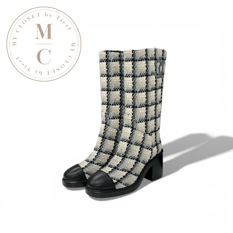 シャネル CHANEL ブーツ ロングブーツ 靴 シューズ ツィード なめし革 白いこと 黒いこと マルチ色つや 未当て嵌める ココマーク
