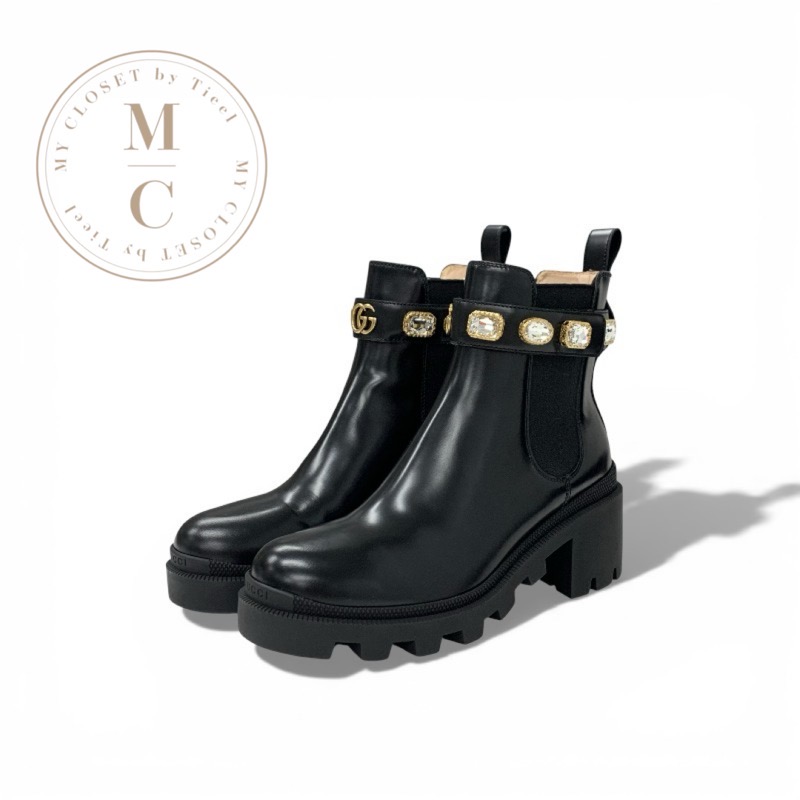 グッチ GUCCI ブーツ 遊撃手ブーツ 靴 シューズ なめし革 黒いこと 黒 未当てはめる ダブルG ビジュー 三尺帯 傍えゴア GGマーモント