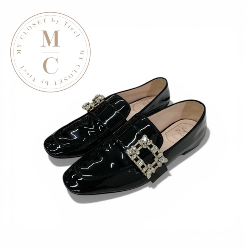 ロジェヴィヴィエ Roger Vivier MINI BROCHE 置き目毛革 革靴 靴 シューズ 専売特許 黒いこと 黒 ストラスバックル ビジュー レディース靴-靴