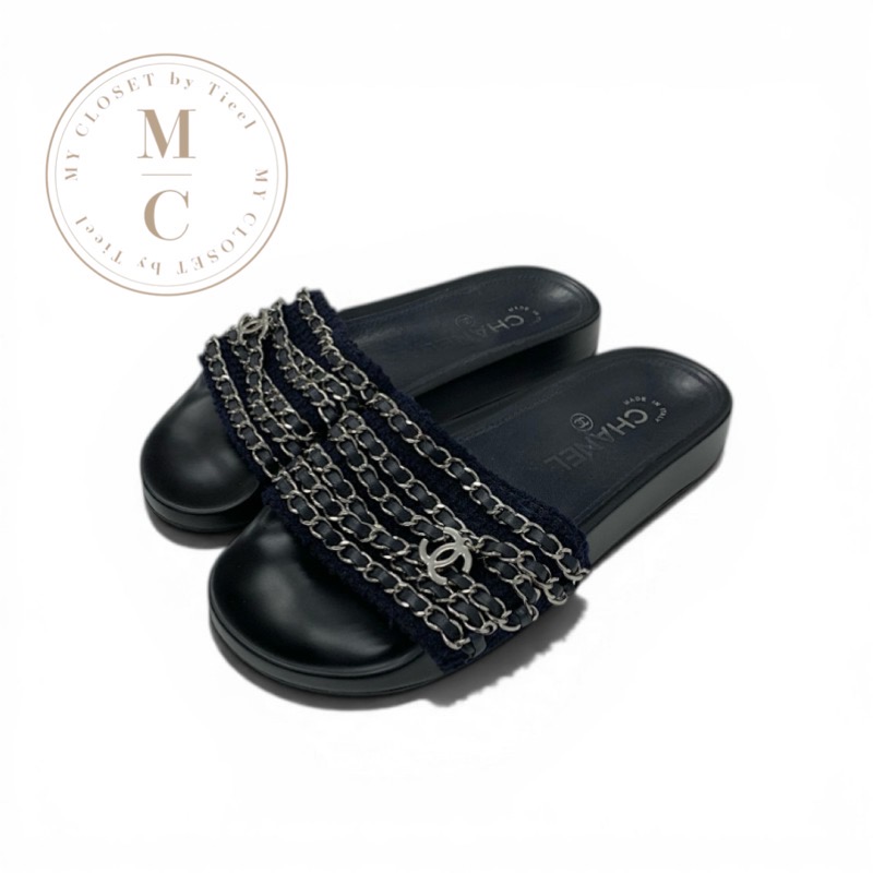 シャネル CHANEL サンダル 靴 シューズ 布切れ なめし革 米国海軍 黒いこと しろがね色 ココマーク チェーン店 滑っこい ミュール
