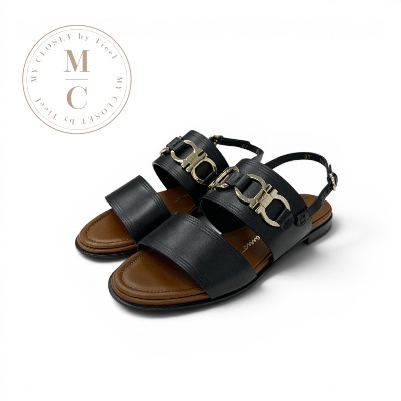 フェラガモ FERRAGAMO Chaim 10 サンダル 靴 シューズ なめし革 黒いこと 黒 ゴールド 未当て嵌める ガンチーニ スリングバック 滑っこい