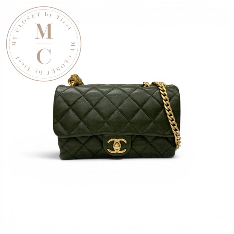 シャネル CHANEL バッグ ショルダーバッグ ラムスキン カーキ ゴールド マトラッセ ミニフラップバッグ ココマーク チェーンリング ターンロック 2way｜My Closet by Tieel