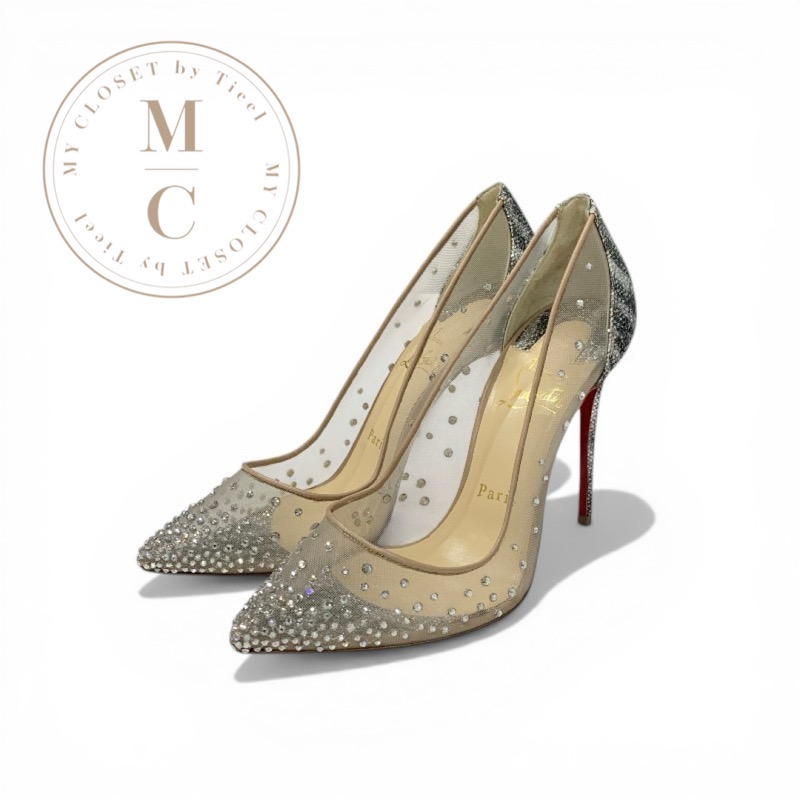 クリスチャンルブタン Christian Louboutin パンプス 靴 シューズ レザー グリッター シルバー ベージュ 未使用 メッシュ ラインストーン メタリック ハイヒール パーティーシューズ｜My Closet by Tieel