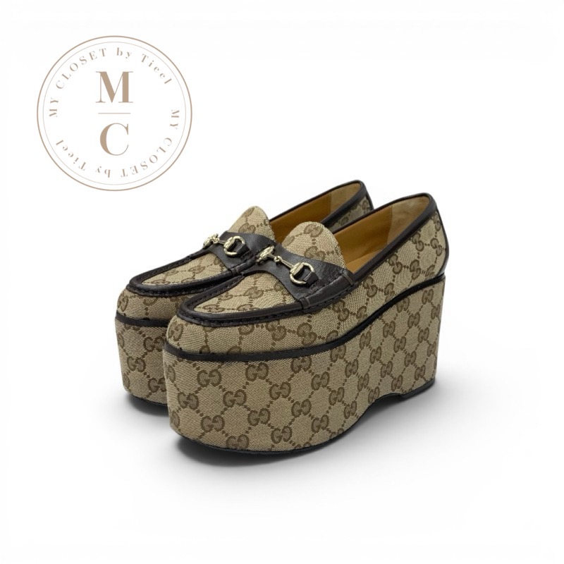 グッチ GUCCI ローファー 革靴 靴 シューズ キャンバス レザー ベージュ ブラウン GGキャンバス ホースビット プラットフォーム 厚底|My Closet by Tieel