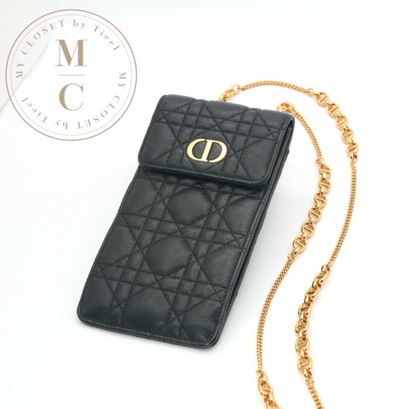 クリスチャンディオール CHRISTIAN DIOR 携帯・スマホアクセサリー ブラック ゴールド カナージュ Dior Caro チェーン フォンホルダー フォンケース モバイルポーチ ポシェット|My Closet by Tieel