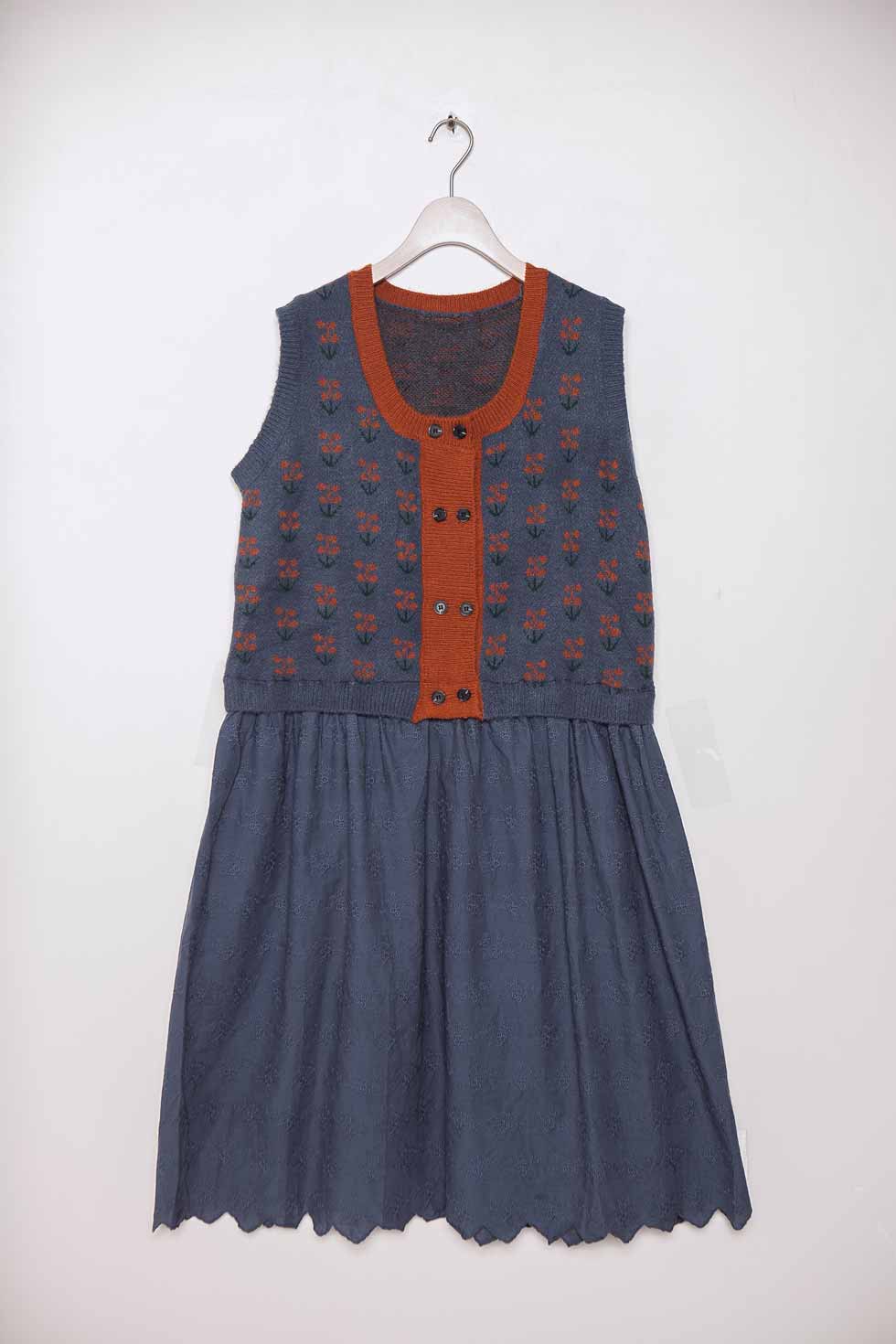 超人気の ワンピース 昭和レトロ レトロ調 ポップ 全2色 ブルー 青色 ノースリーブ タンクトップ ウール10 ポリエステル90 コットン100 綿100 天然素材 ニットワンピース 重ね着風 春服 春物 春用 春夏 夏服 夏物 夏用 在庫あり 即納 Opensystem Cl