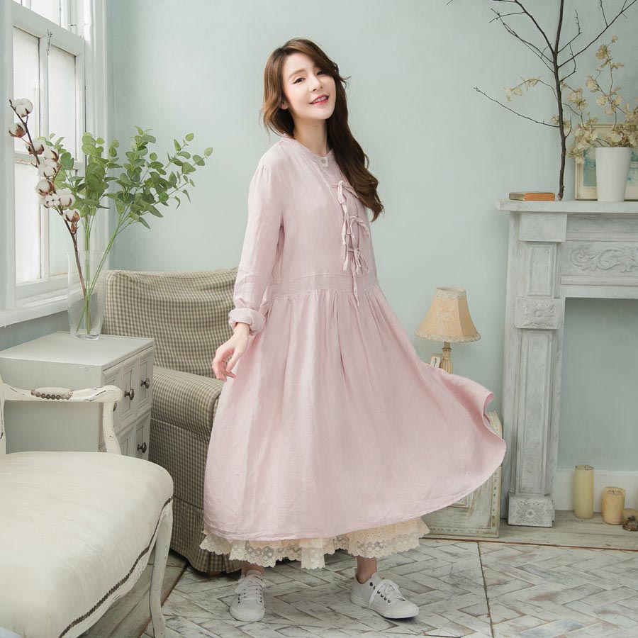 楽天市場 完売御礼 ワンピース リネン レディース ロング 長袖 ピンク 桃 ロングワンピース 無地 麻100 リネン100 天然素材 Mycloset