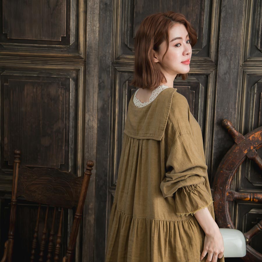 楽天市場 完売御礼 ワンピース ロング丈 Aライン リネン100 麻100 ヘンプ100 長袖 ライトブラウン 薄茶 セーラーワンピ セーラー 風 ロングワンピース シンプル 無地 レトロ Mycloset