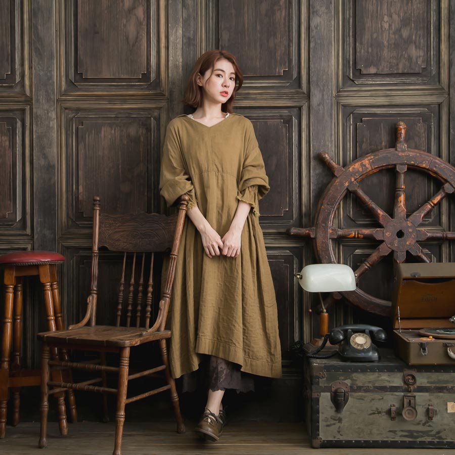 楽天市場 完売御礼 ワンピース ロング丈 Aライン リネン100 麻100 ヘンプ100 長袖 ライトブラウン 薄茶 セーラーワンピ セーラー 風 ロングワンピース シンプル 無地 レトロ Mycloset