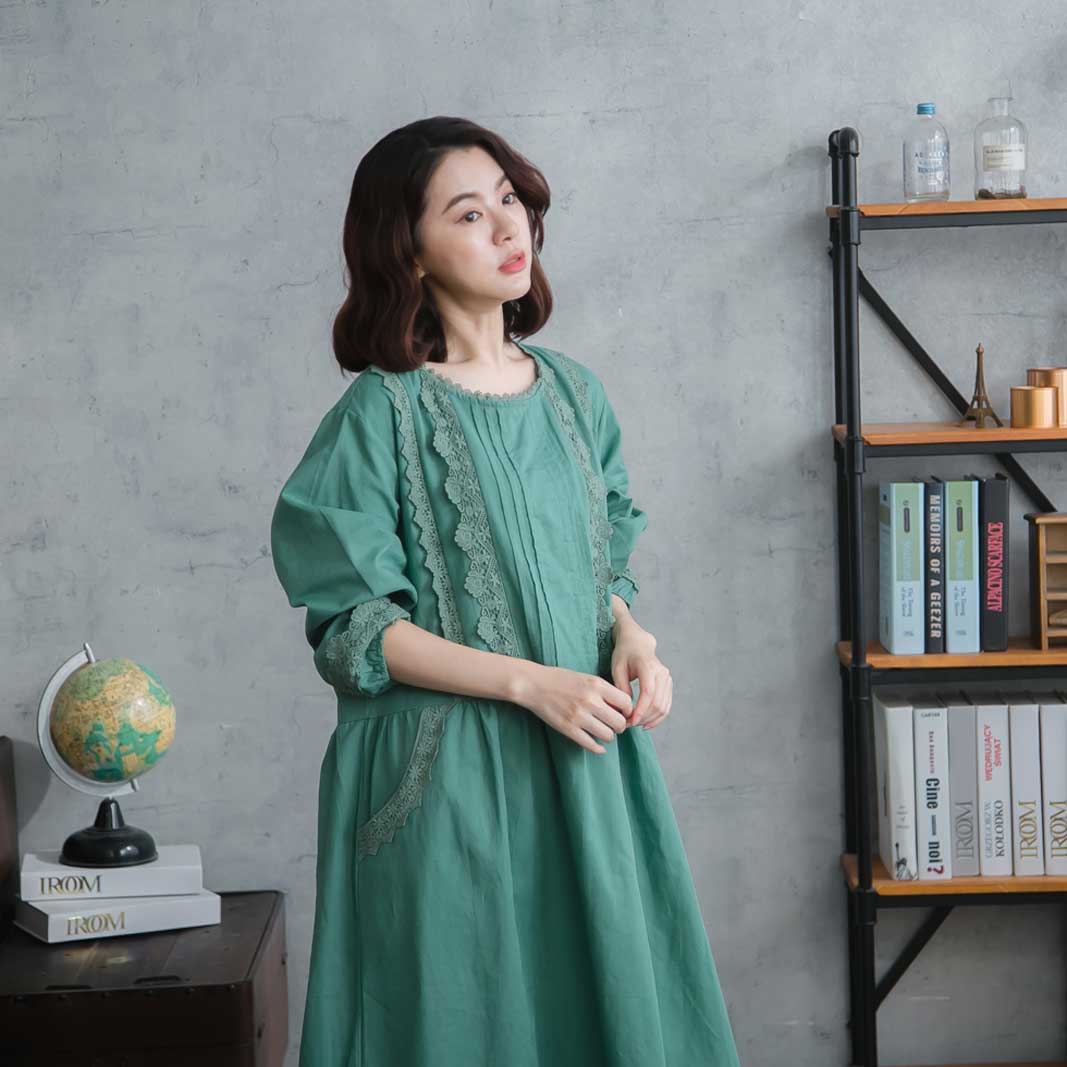 襟 ワンピース 全 スカラップレース 秋用 ロングワンピース 色 冬服 冬用 3 ヘンプ100 グリーン 緑色 天然素材 シンプル リネン100 無地 秋冬 秋服 麻100 秋物 胸元 長袖 見せ 見せ 冬物 重ね着 刺繍レース