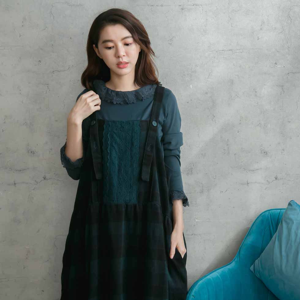 ゆったり大きめ 全 重ね着 色 コットン サロペット ネイビー 冬物 ロングワンピース チェック柄 3 ノースリーブ刺繍レースウールロングチェックワンピース 紺色 コットン ウール50 ポリエステル30 チェック チェック柄 刺繍 秋服 秋物 秋用 秋冬 冬服