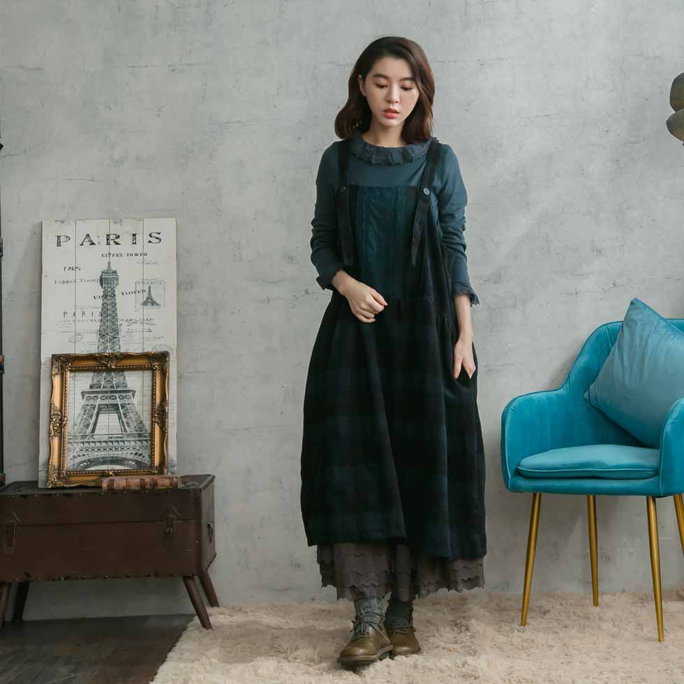 ゆったり大きめ 全 重ね着 色 コットン サロペット ネイビー 冬物 ロングワンピース チェック柄 3 ノースリーブ刺繍レースウールロングチェックワンピース 紺色 コットン ウール50 ポリエステル30 チェック チェック柄 刺繍 秋服 秋物 秋用 秋冬 冬服